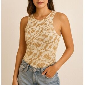 Express Body Contour Bodysuit LARGE Tan & White Tie Dye Sleeveless Snap Closure